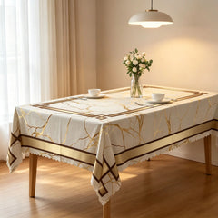 GTHREED Cotton Gold Marble Print Rectangular Tablecloth - Minimalist Geometric Border, Neutral Cream White Household Kitchen Linen for Dinner Party Decorative Cover