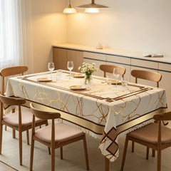 GTHREED Cotton Gold Marble Print Rectangular Tablecloth - Minimalist Geometric Border, Neutral Cream White Household Kitchen Linen for Dinner Party Decorative Cover