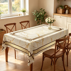 GTHREED Cotton Gold Marble Print Rectangular Tablecloth - Minimalist Geometric Border, Neutral Cream White Household Kitchen Linen for Dinner Party Decorative Cover