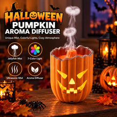 Halloween Pumpkin Aroma Diffuser - Ultrasonic Humidifier with Jellyfish Smoke Ring Mode and 7-Color Ambient Light, USB Powered
