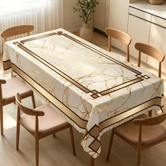 GTHREED Cotton Gold Marble Print Rectangular Tablecloth - Minimalist Geometric Border, Neutral Cream White Household Kitchen Linen for Dinner Party Decorative Cover
