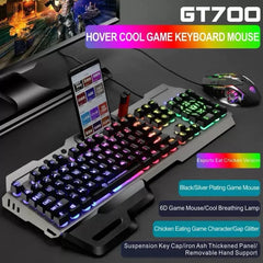 GT700 HOVER COOL GAME KEYBOARD MOUSE القال Esports Eat Chicken Version Black/Silver Plating Game Mouse 6D Game Mouse/Cool Breathing Lamp Chicken Eating Game Character/Gap Glitter Suspension Key Cap/Iron Ash Thickened Panel/ Removable Hand Support